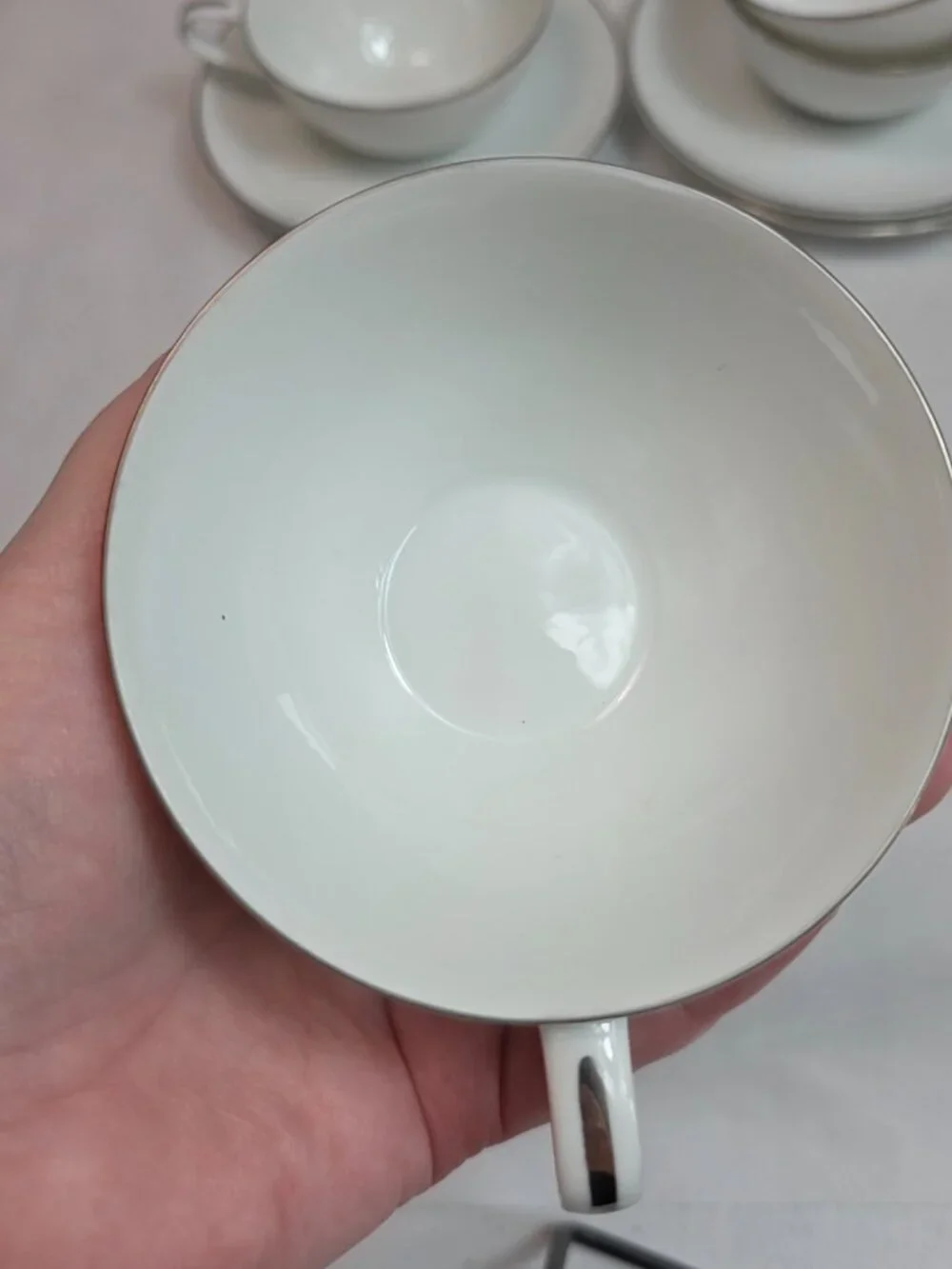 FOUR Noritake Colony Cup & Saucer Sets White Coupe Shape Platinum Trim